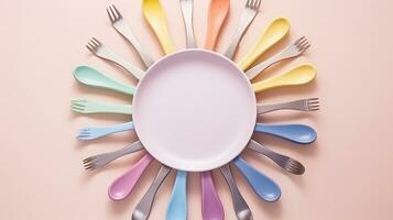 space for text on pastel background surrounded by plates spoons and forks from top view, background image, AI generated photo