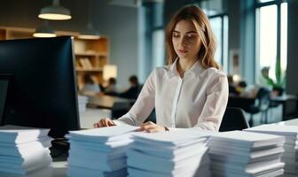 Young female employee working on stacks of papers to search for information and check documents on the desk AI Generated photo