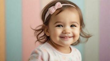 sonriente linda pequeño niñito niña en contra vistoso pastel antecedentes con espacio para texto, niños antecedentes imagen, ai generado foto