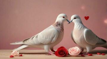 Dove pair playing against valentine's day ambience background with space for text, background image, AI generated photo