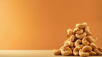 cashews on a light brown background with space for text on the side, background image, AI generated photo