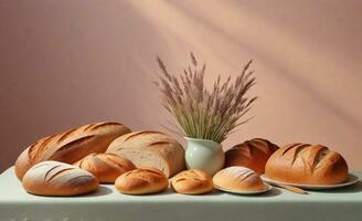 An artfully presented assortment of bread on a pastel-themed table with a serene pastel backdrop with space for text, background image, AI generated photo