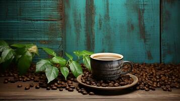 hot coffee and coffee beans in background with leaves, in the style of distressed and weathered surfaces, background image, AI generated photo