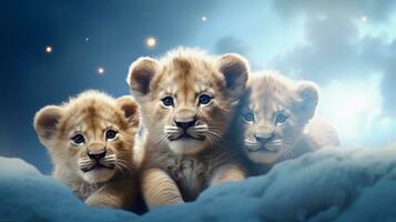 space for text on textured background surrounded by cute lion cubs, background image, AI generated photo