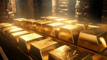 An image depicting gold bars stored in the vaults of central banks, allowing space for text, background image, AI generated photo