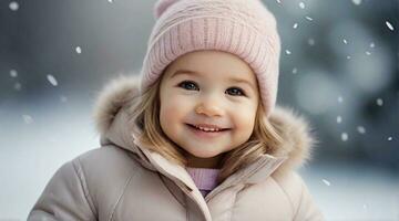 A Smiling toddler girl against winter ambience background with space for text, children background image, AI generated photo