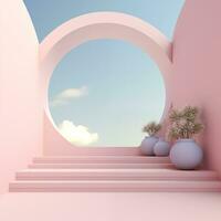 Minimal volumetric podium stage for product presentation. Empty space for display photo