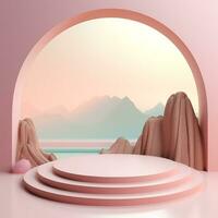 Minimal volumetric podium stage for product presentation. Empty space for display photo