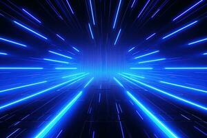 Abstract neon blue background, cyber space, parallel universe, lines, stripes, glow. AI generated photo