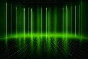 Abstract neon green background, cyber space, parallel universe, lines, stripes, glow. AI generated photo