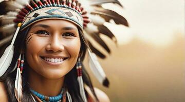 hermosa sonriente nativo americano hembra retrato con espacio para texto en el lado, antecedentes imagen, ai generado foto