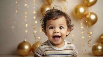 An excited toddler boy against new year's party ambience background with space for text, children background image, AI generated photo