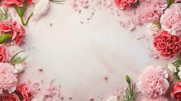 space for text on textured background surrounded by Carnation flowers from top view, background image, AI generated photo
