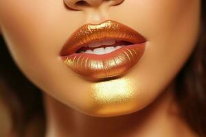 Gold bright lip makeup for a party. Model makeup. Lip makeup concept. Generated by artificial intelligence photo