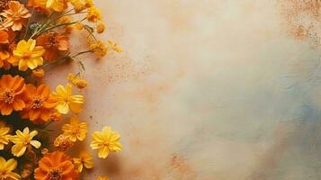 space for text on textured background surrounded by Marigold flowers from top view, background image, AI generated photo