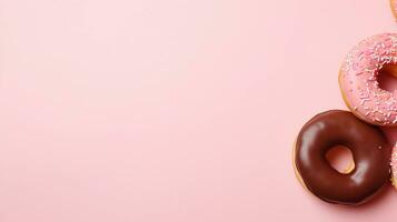 delicious donuts on a light brown background with space for text on the side, background image, AI generated photo
