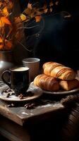 hot coffee and breads in background with leaves, in the style of distressed and weathered surfaces, vertical format, background image, AI generated photo