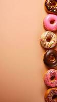 delicious donuts on a light brown background with space for text on the side, vertical format, background image, AI generated photo