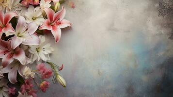 space for text on textured background surrounded by lily flowers and florals, background image, AI generated photo