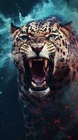 a textured background surrounded by an angry male jaguar in water color style, vertical format, background image, generative AI photo