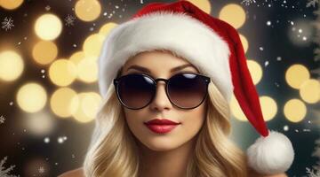 hermosa rubia pelo hembra vistiendo Gafas de sol y Papa Noel sombrero en contra Navidad ambiente antecedentes con espacio para texto, antecedentes imagen, ai generado foto