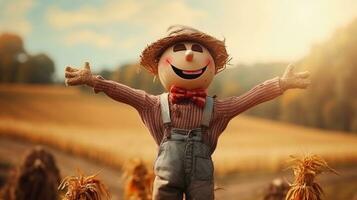 space for text on textured background with funny scarecrow in the field, background image, AI generated photo