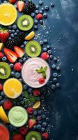 Textured background surrounded by delicious smoothies from top view, background image, vertical format, generative AI photo