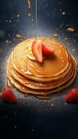 Textured background surrounded by delicious pancake, background image, vertical format, generative AI photo