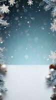 a winter background surrounded by christmas decoration, vertical format, background image, generative AI photo