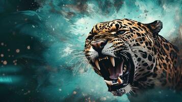 space for text on textured background surrounded by an angry male jaguar in water color style, background image, AI generated photo