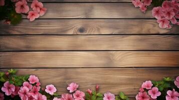 space for text on wooden textured background surrounded by Geranium flowers from top view, background image, AI generated photo