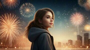 beautiful girl standing against new year firework background with space for text, background image, AI generated photo