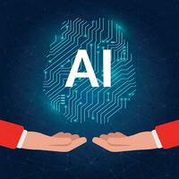 Ai electronic brain, human hands with artificial intelligence hanging over brain, human and ai help each other concept vector