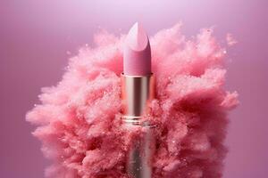 rosado lápiz labial en un mullido rosado nube con Brillantina en un rosado antecedentes. maquillaje producto. generado por artificial inteligencia foto