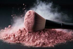 Broken pink blush with a large makeup brush and a cloud of dust on a black background. Makeup concept. Generated by artificial intelligence photo