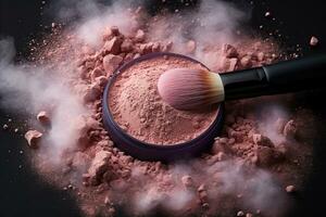 un tarro de rosado sonrojo y un maquillaje cepillo en un nube de polvo en un negro antecedentes. maquillaje concepto. foto