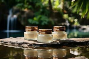 Three jars of cream on a stone against a blurred natural background. Natural cosmetics concept. Generated by artificial intelligence photo