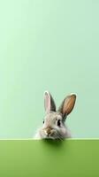 cute easter bunny on a light green background with space for text on the side, vertical format, background image, AI generated photo