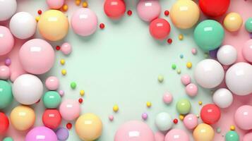 space for text on pastel background surrounded by colorful ball toys from top view, background image, AI generated photo