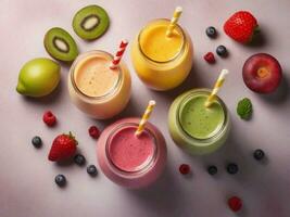 Textured background surrounded by delicious smoothies from top view, background image, generative AI photo