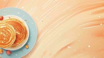 space for text on pastel background with delicious pancake on the side from top view, background image, AI generated photo