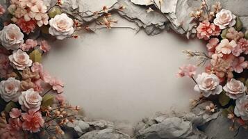 space for text on textured background surrounded by decorative stone and florals, background image, AI generated photo