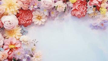 space for text on soft pastel background surrounded by colorful flowers, background image, AI generated photo