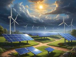 The Impact of Sunset Sky on Wind and Solar Energy Generation ai generate photo