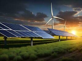 The Impact of Sunset Sky on Wind and Solar Energy Generation ai generate photo