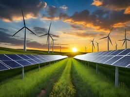 The Impact of Sunset Sky on Wind and Solar Energy Generation ai generate photo