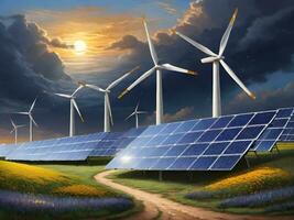 The Impact of Sunset Sky on Wind and Solar Energy Generation ai generate photo