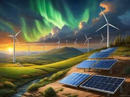 The Impact of Sunset Sky on Wind and Solar Energy Generation ai generate photo