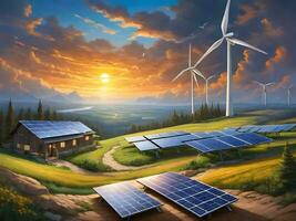 The Impact of Sunset Sky on Wind and Solar Energy Generation ai generate photo