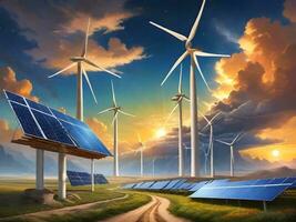 The Impact of Sunset Sky on Wind and Solar Energy Generation ai generate photo